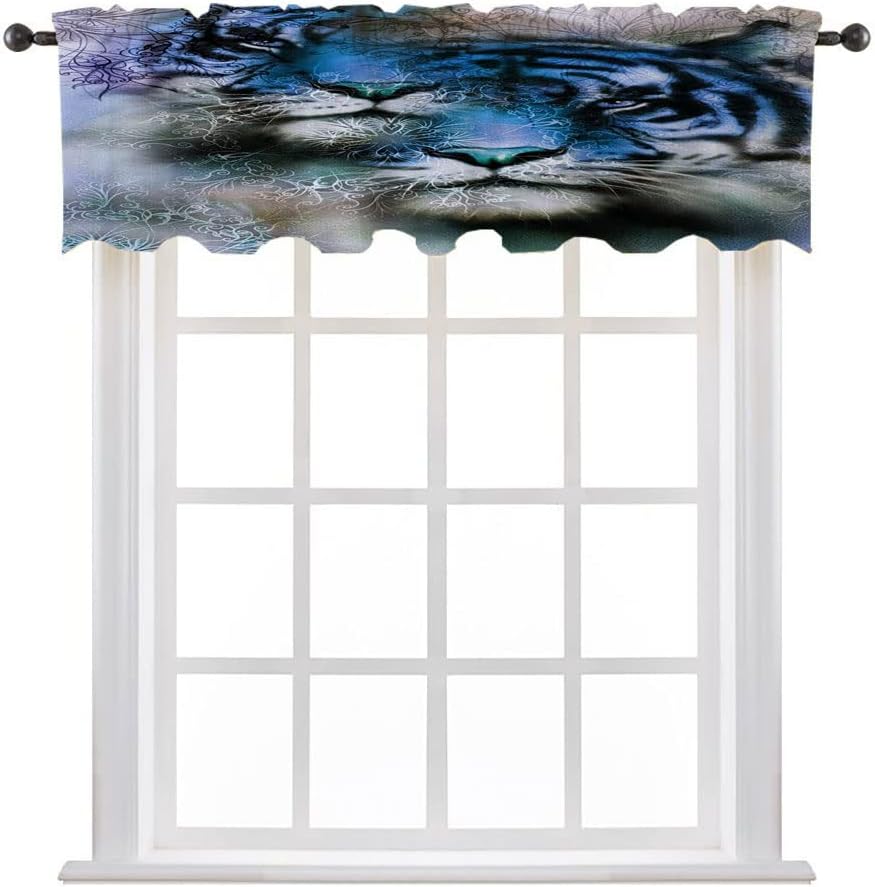 Valances for Living Room, Animal Abstract Half Window Curtain, White Tiger Wintertime Rare Animal Calm, 50" W x 18" L, Kitchen Windows Bathroom Bedroom, Grey Black White