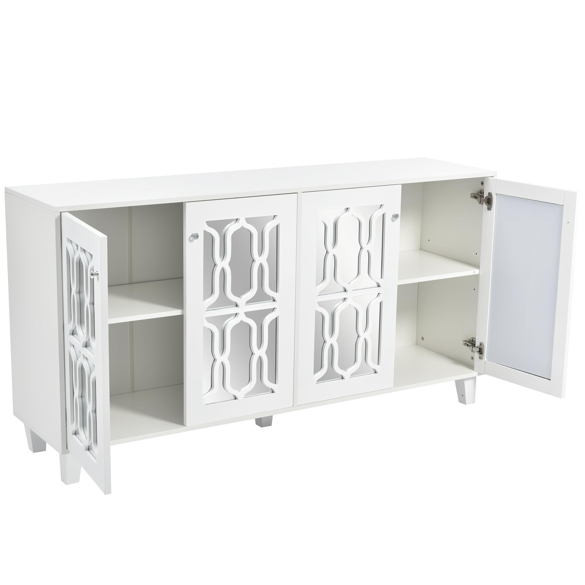 Moimhear Hogar y vivienda, muebles de espejo con asas de cristal fresco, cuatro puertas, con laminado móvil, para salón y comedor, 160 x 40 x 84 cm (blanco)