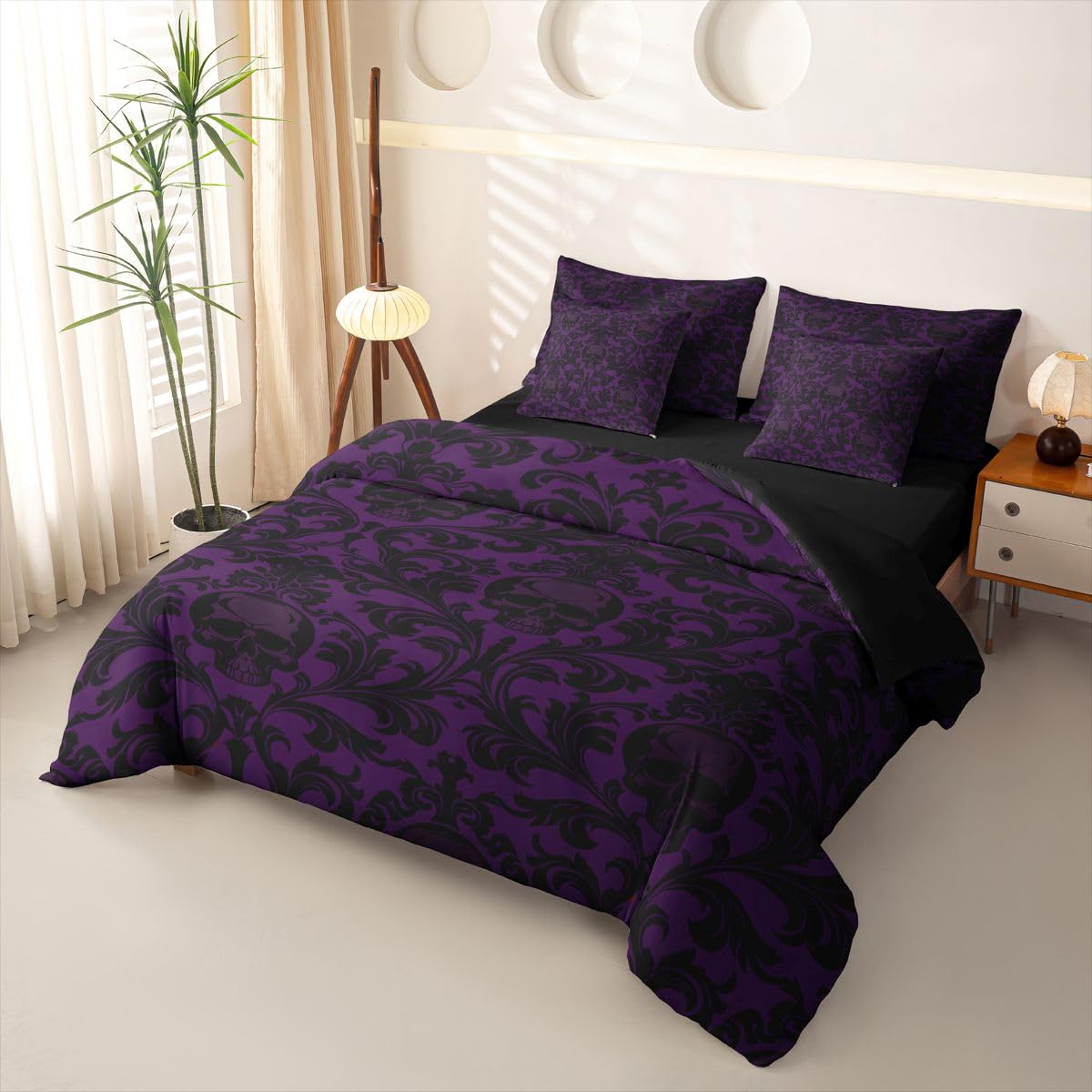Loussiesd Set di biancheria da letto con copripiumino viola nero con lenzuola, 7 pezzi, per bambini, ragazzi e ragazze, Halloween, teschio viola, decorazione per la stanza, in morbida microfibra