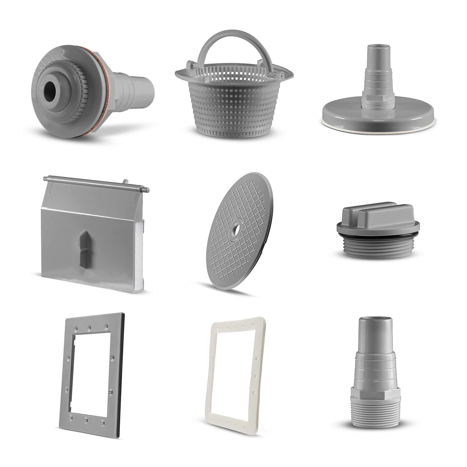 Skimmer Pool Set in Grau, Einbauskimmer inkl. Einlaufdüse & weiterem Zubehör, Komplettset für Stahlwandpools, Pool-Reinigungsset, Wasserpflege, Menge: 1 Stück