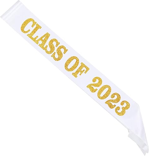Miniatura 1 de Banda blanca de la clase de 2023 con letras doradas con purpurina  Banda de graduación 2023  Finalmente graduada  Banda de animación senior 2023