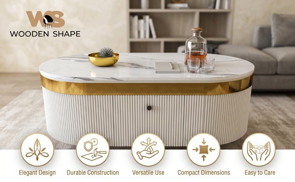 Image of Premium Marble-Top Center Table with One Storage Door and PVD Coated lron Legs and Coffee Table with Oval Design for Living Room and Entryway,42x24x18 Inch, (White and Gold)