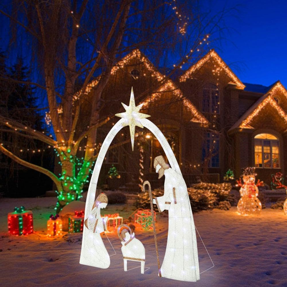 Crèche de Noël Lumineuse d'Extérieur 1,5 m, Décoration pour Cour Familiale, Ensemble Sainte Famille avec Piquets pour Pelouse
