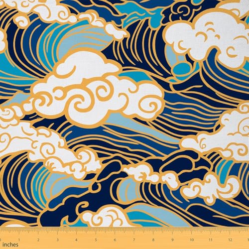 Feelyou Ocean Wave Fabric by The Yard, Japanese Hokusai Waves Upholstery Fabric for Chairs, Traditional Oriental Style Nautical Marine Sea Print Waterproof Outdoor Fabric, 1 Yard, Blue Gold