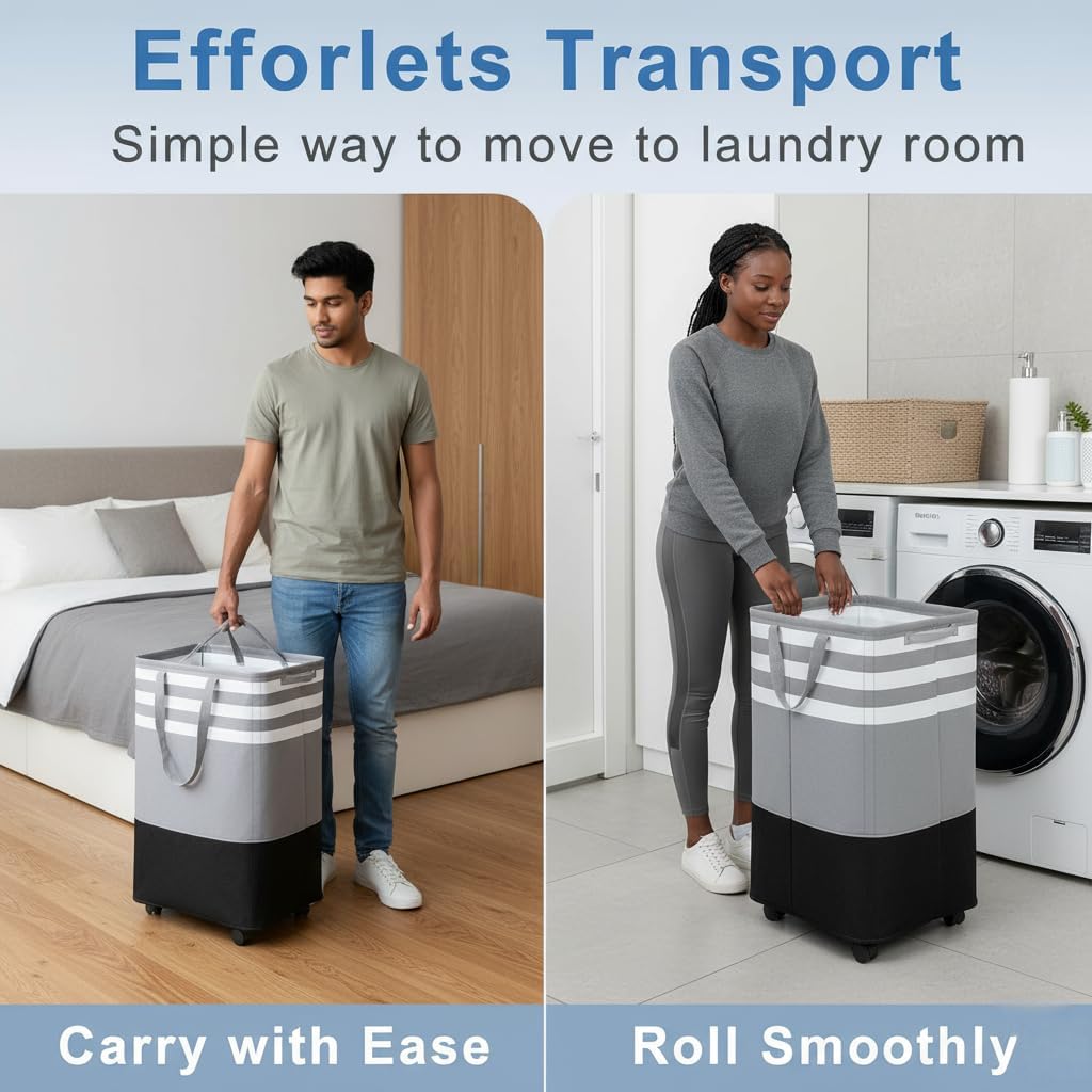 105L Large Laundry Basket with Wheels, Collapsible & Waterproof Hamper with Removable Mesh Bag, Freestanding Rolling Clothes Organizer for Bedroom, Bathroom, Laundry Room, Grey