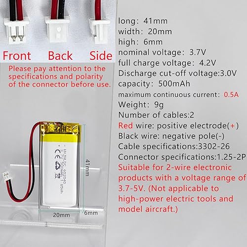 Miniatura 2 de HXJNLDC DC 3.7V 500mAh 602040 Batería recargable de polímero de litio, adecuada para productos electrónicos de bricolaje 3.7-5V con reemplazo de