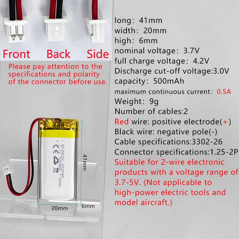 HXJNLDC DC 3.7V 500mAh 602040 Rechargeable Lithium Polymer Battery, Suitable for DIY 3.7-5V Electronic Products with Built-in 2-Wire Battery Replacement and LED Lights