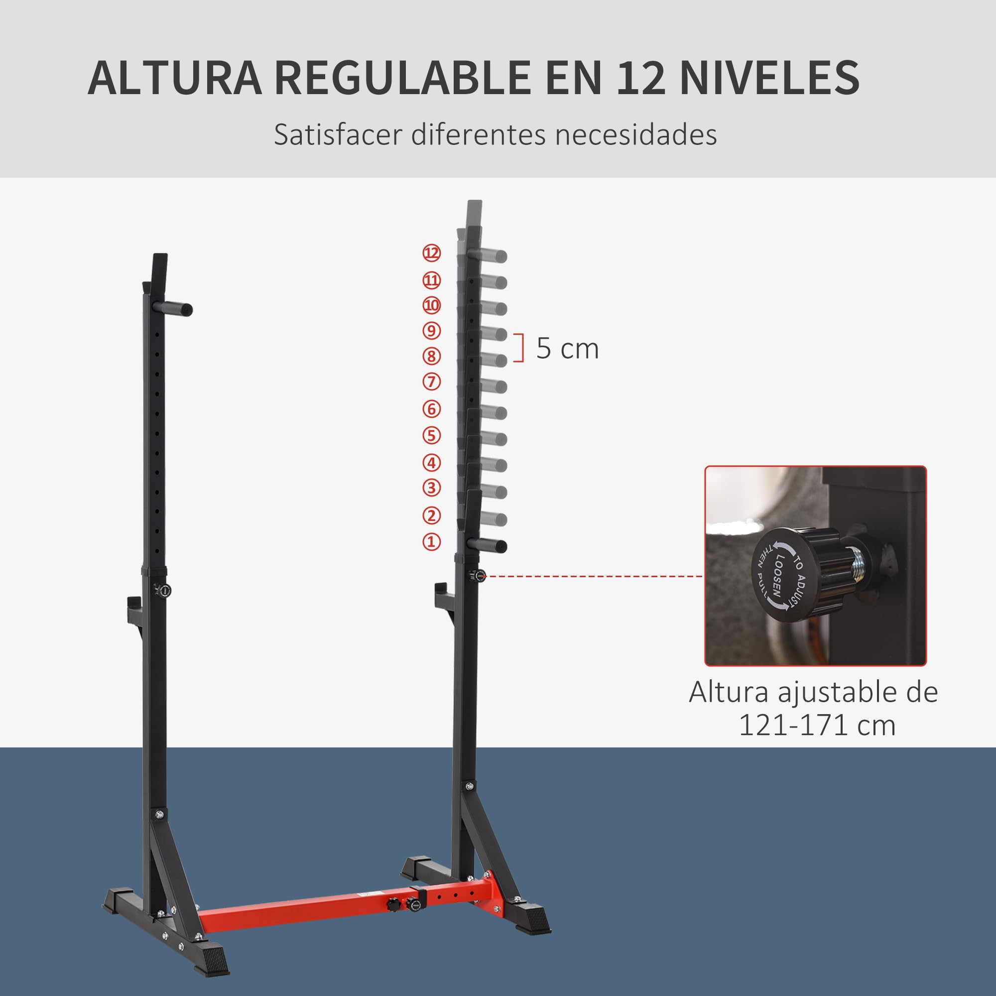 HOMCOM Soporte para Pesas Ajustable 150 kg Acero 121-171 cm Negro y Rojo | Estante Soporte Barra Pesas, para Ejercicios Sentadillas, Hogar y Oficina, Altura Regulable