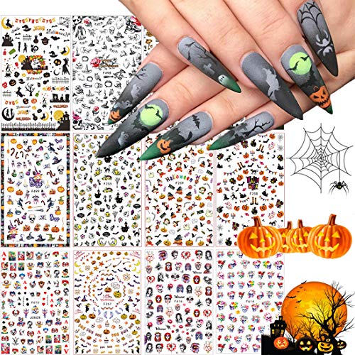 1500+ Patterns Halloween Nail Art Sticker Decals, Kalolary Self-Adhesive Nail Sticker Decals Nail Art Decorations for Halloween Pumpkin/Bat/Ghost/Witch/Joker/Skull/Spider/Devil/Vampires(12 Sheets)