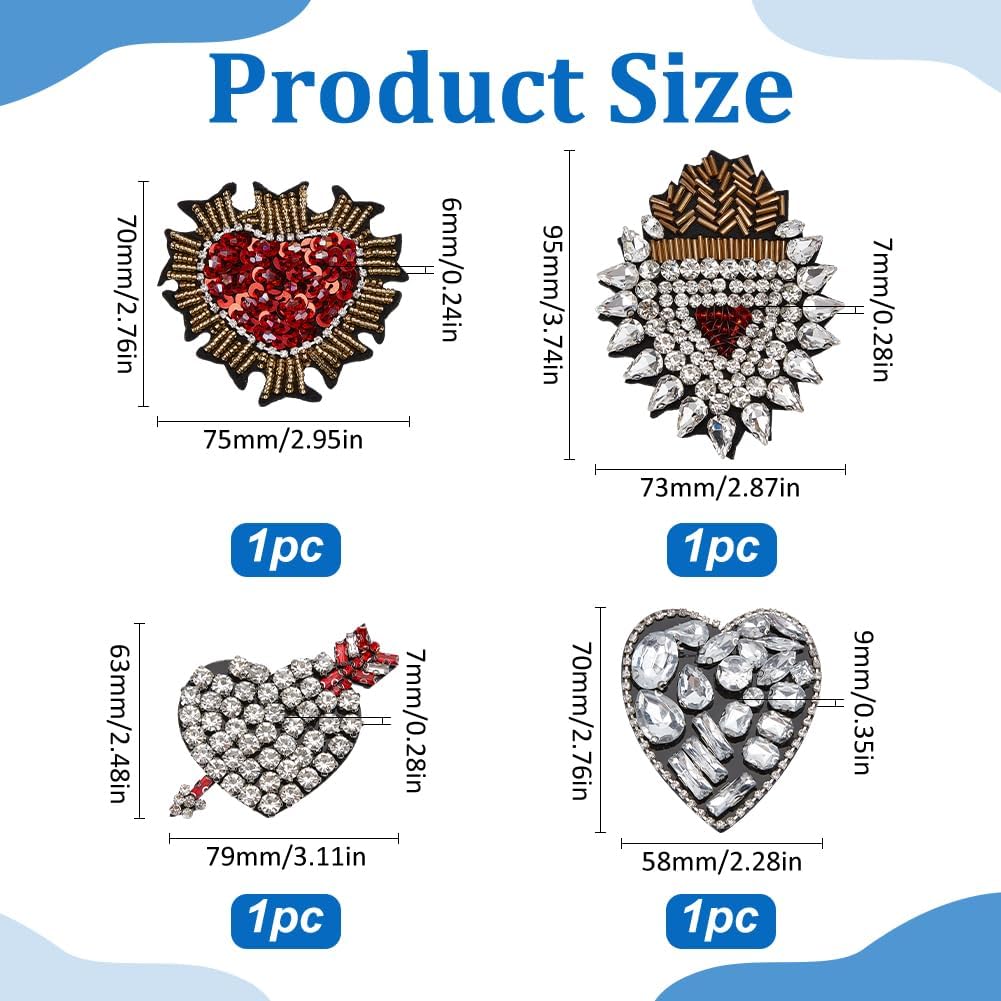 MAYJOYDIY 4 Pcs Love Heart Rhinestone Bead Patch Sew on Handmade Heart Patches Arrow Sequin Rhinestone Embroidery Applique Sparkling Heart-Shape Adornments for Jeans Jackets Handbag Shoes Decoration