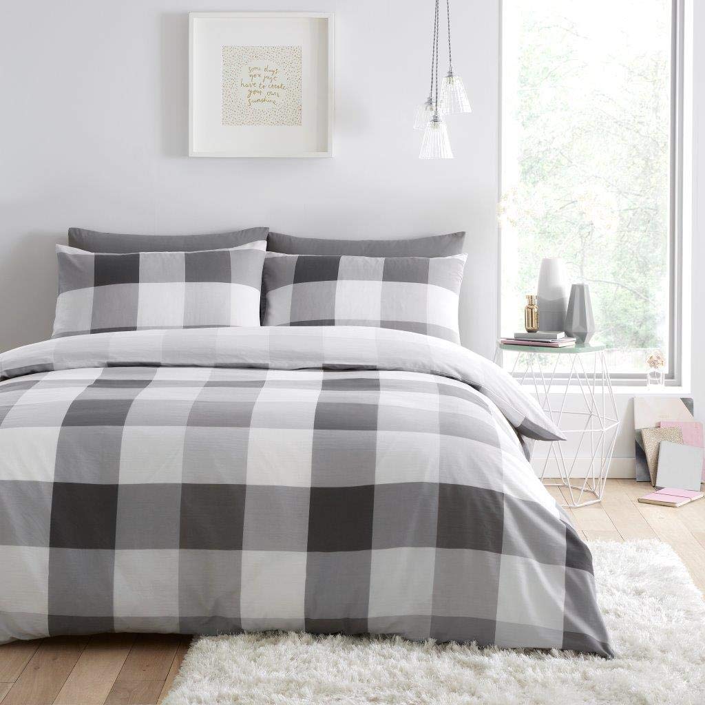 GC GAVENO CAVAILIA Easy Care Printed Duvet, Reversible Bedding Sets, Polycotton Quilt Covers, Polyester-Cotton, Cosmic Check-Grey, Single