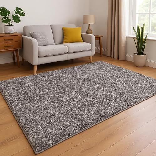 Image of The Rug House Silver Grey Shaggy Carpet with Dense Cushioned Pile Soft Modern Texture Versatile Neutral Style for Living Room Bedroom and Everyday Home Use 120cm x 170cm (3ft 11" x 5ft 7")