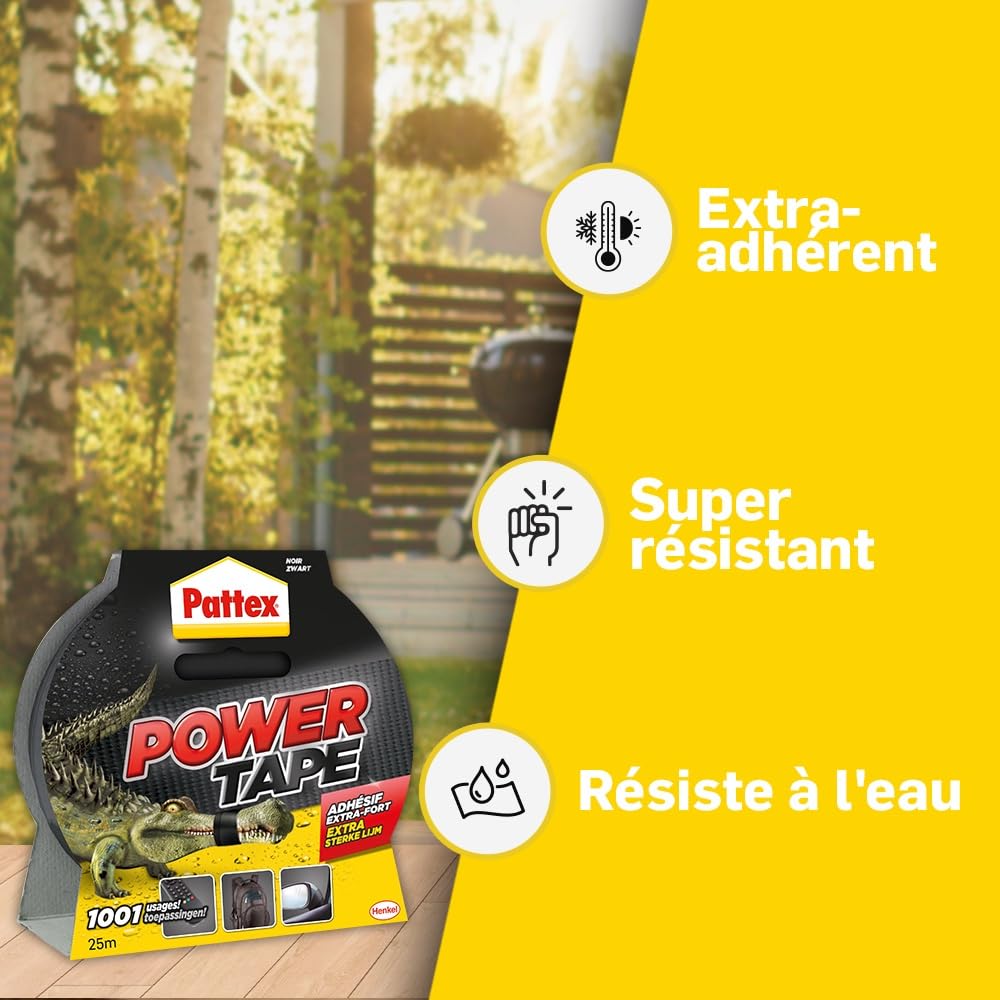 Pattex Power Tape extra-fort noir 25 m – Bande adhésive toilée tous supports étanche charges lourdes