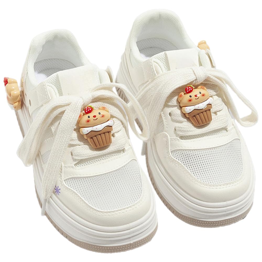 Loizziuy Women's Strawberry Bear Adorable Mesh Ventilated Y2k Chunky Punk Sneakers Platform Heel Walking Travel Street life (US 5.5,White,5.5)