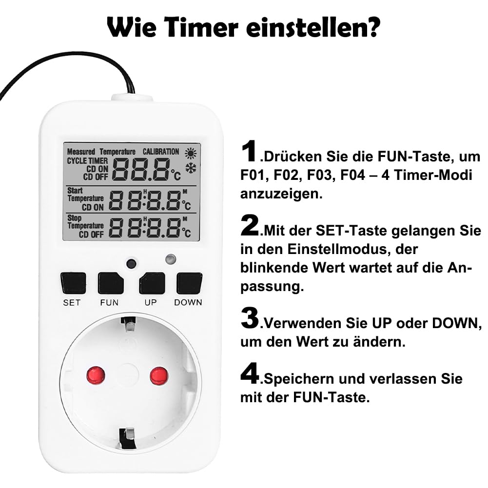 CEWROM Thermostat Steckdose, 16A 230V Heizungsthermostat Digital Temperaturregler mit Fühler, Thermostat Heizung für Gewächshaus Terrarium Heizung Kühlung Temperaturgesteuerte Stecker