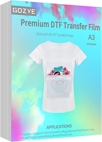 GOZYE Película de transferencia DTF de alta calidad, 50 hojas de papel de transferencia de calor PET mate A3 para impresión directa a película en