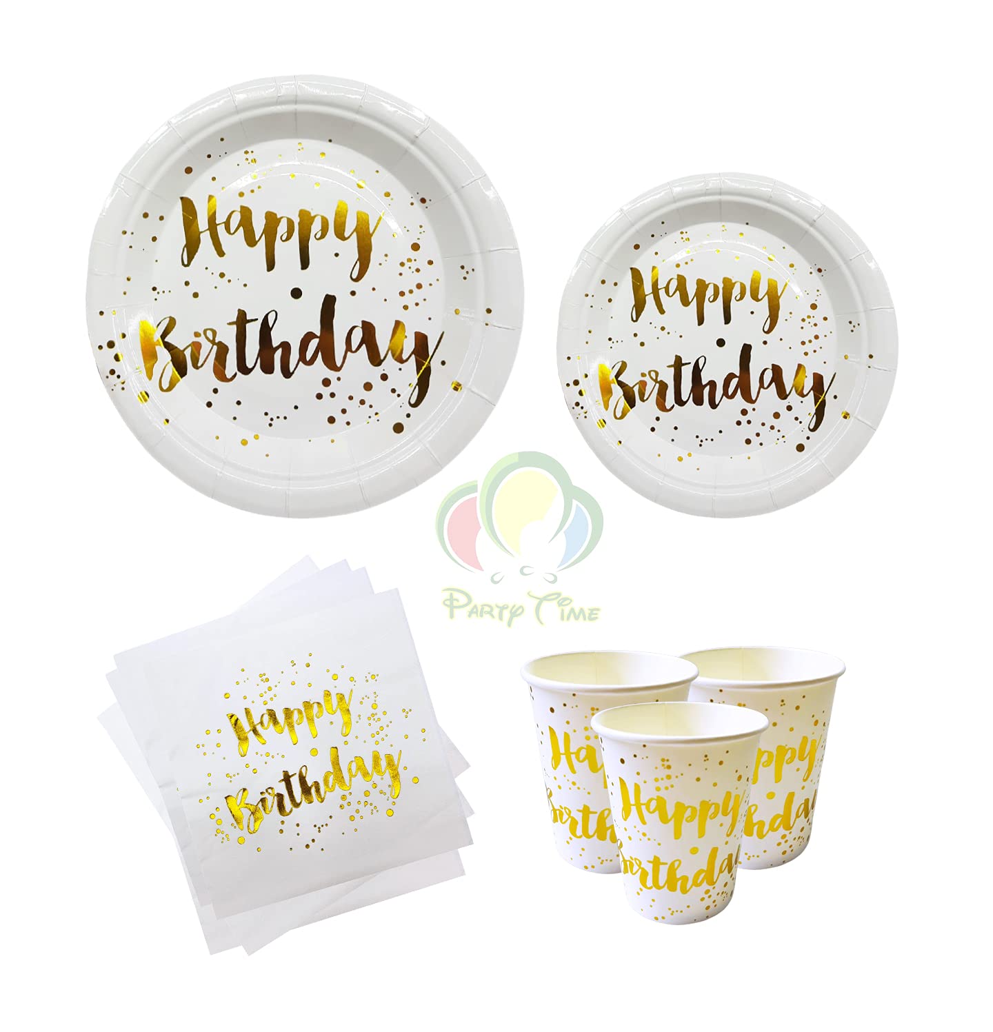 PARTY TIMEPARTY TIME - 24 Pieces Disposable Party Tableware Set - Supply Serves 6 Guest - Gold and White Paper Plates Napkins and Cups Sets for Wedding Family Gathering Parties