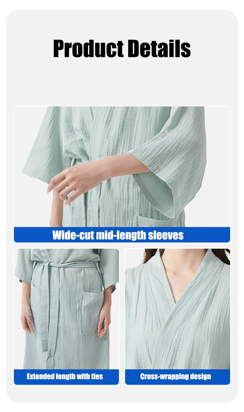 LUKX Morgenmantel Damen Leicht,Baumwoll-Leinen-Bademantel Salbeigrün Schlichter Kimono Robe V-Ausschnitt Morgenmantel Leichtes Kurzes Nachthemd Braut-Morgenmantel Nachtwäsche Bademantel Damen
