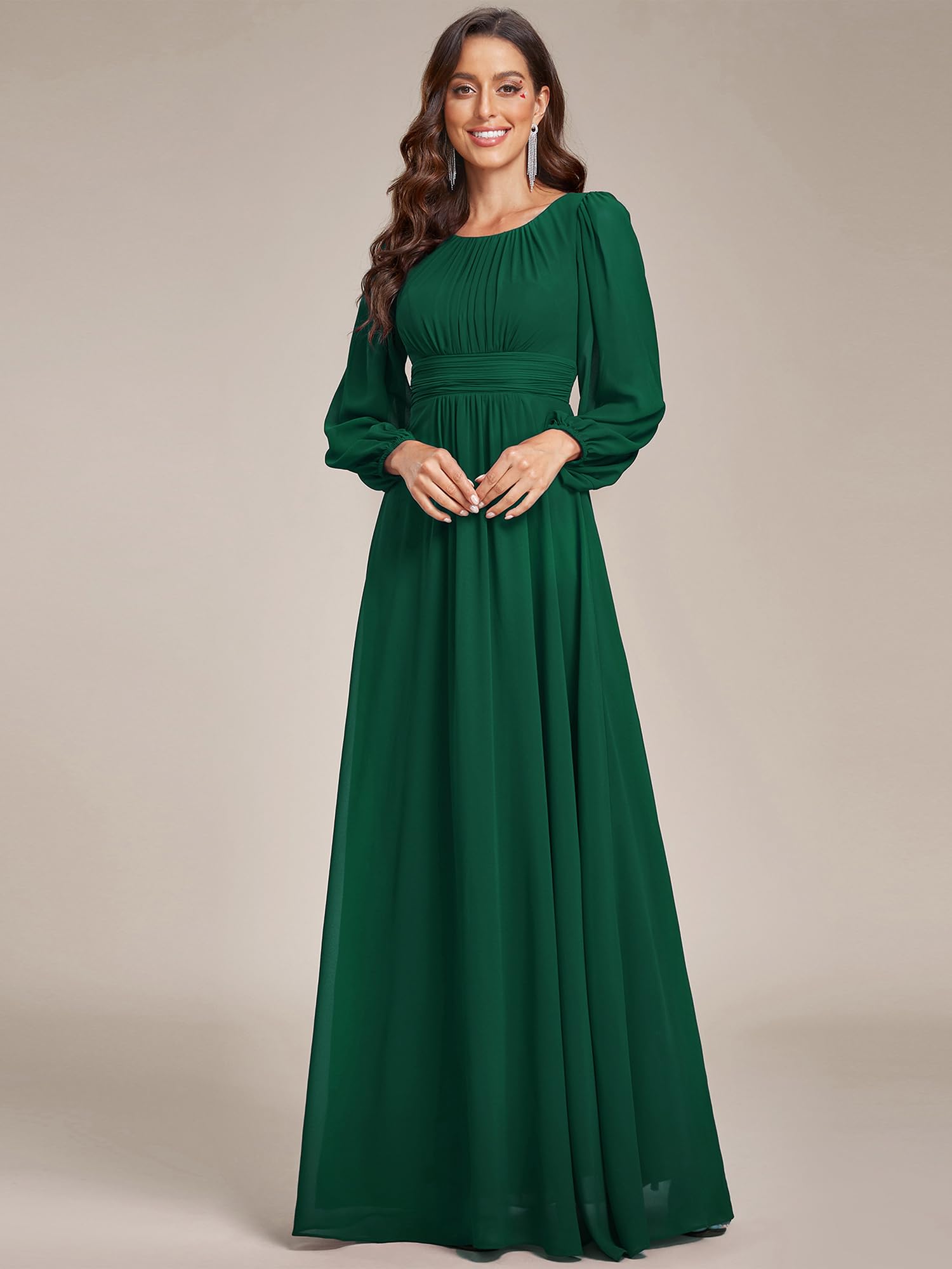 Ever-Pretty Robe Demoiselle d'honneur Femme Longue Manches Longues Col Rond Mousseline Chic Vert Foncé 34