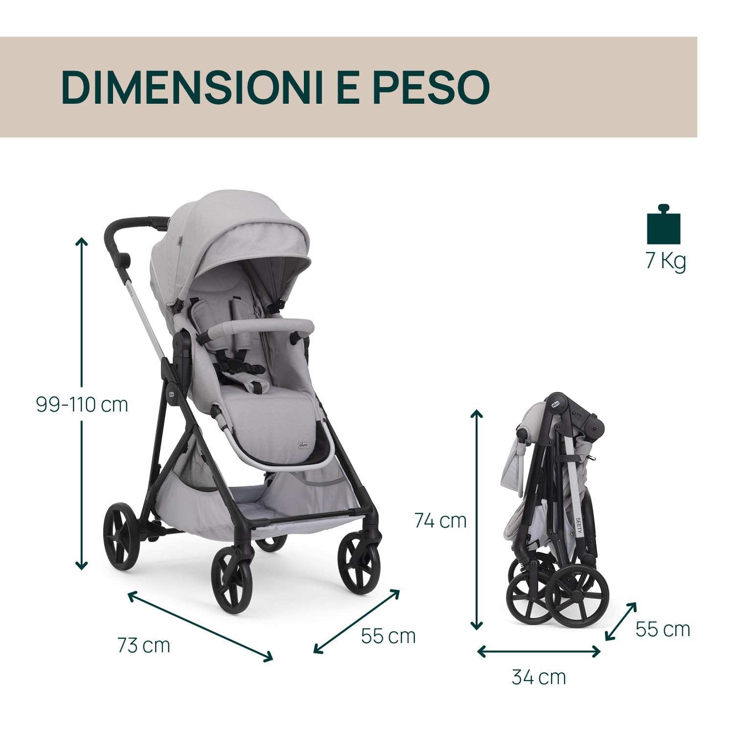 Chicco Passeggino Seety, Passeggino Leggero e Compatto Da 0 Mesi a 4 Anni, Portata Max 22kg, Passeggino Pieghevole, Schienale Reclinable, Chiusura Automatica in 1 Gesto, Capotte Parasole e Parapioggia