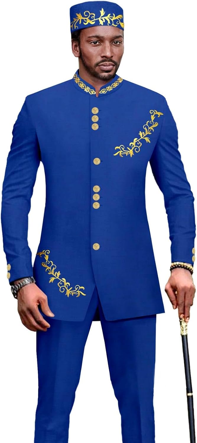 Men's Suit African Outfits Slim Fit Blazer Embroidery Blue Jacket and Trousers Match Hats 3 PCS Set