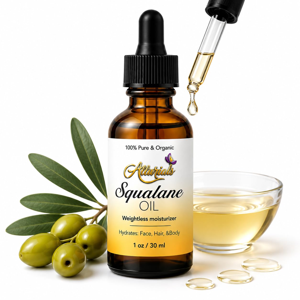 Allurials 100% Organic & All Natural Plant-Based Squalane Oil for Face, Hair, & Body, Cold Pressed and Unrefined Premium Grade Multipurpose Facial Oil for Moisturize, Smooth, and S