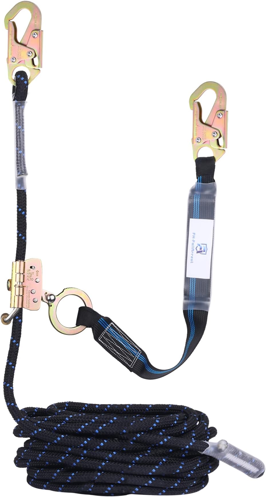 50FT Vertical Lifeline Assembly with Alloy Steel Anti-Panic Rope Grab Snap Hook Shock Absorb Lanyard, Fall Protection Rope Safety Climbing Equipment Roofing Safety Kit, CE ANSI OSHA Rated