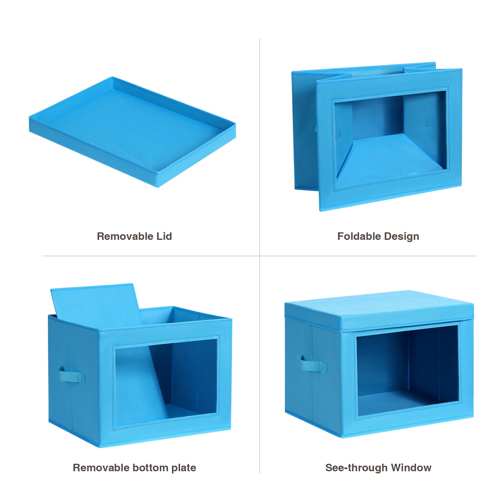 Fabric Large Bins for Storage - Storage Box with Lid and Window, Decorative Basket with Handles, Collapsible Containers for Home, Office, 4 Pack, Blue