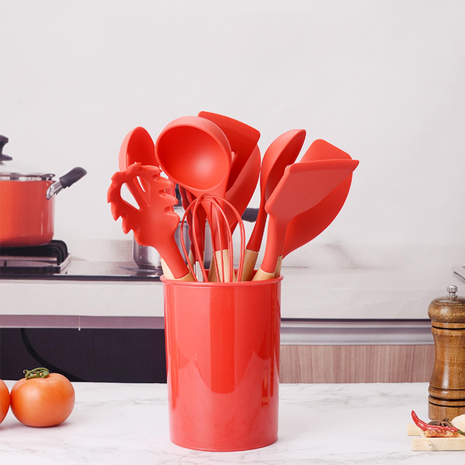 12 Stück Küchenhelfer Set, Silikon Küchenutensilien Set, Antihaft Hitzebeständiger Holzgriff Kochbesteck Mit Utensilienhalter, Silikonspatel Kochgeschirr Set, Spülmaschinengeeignet