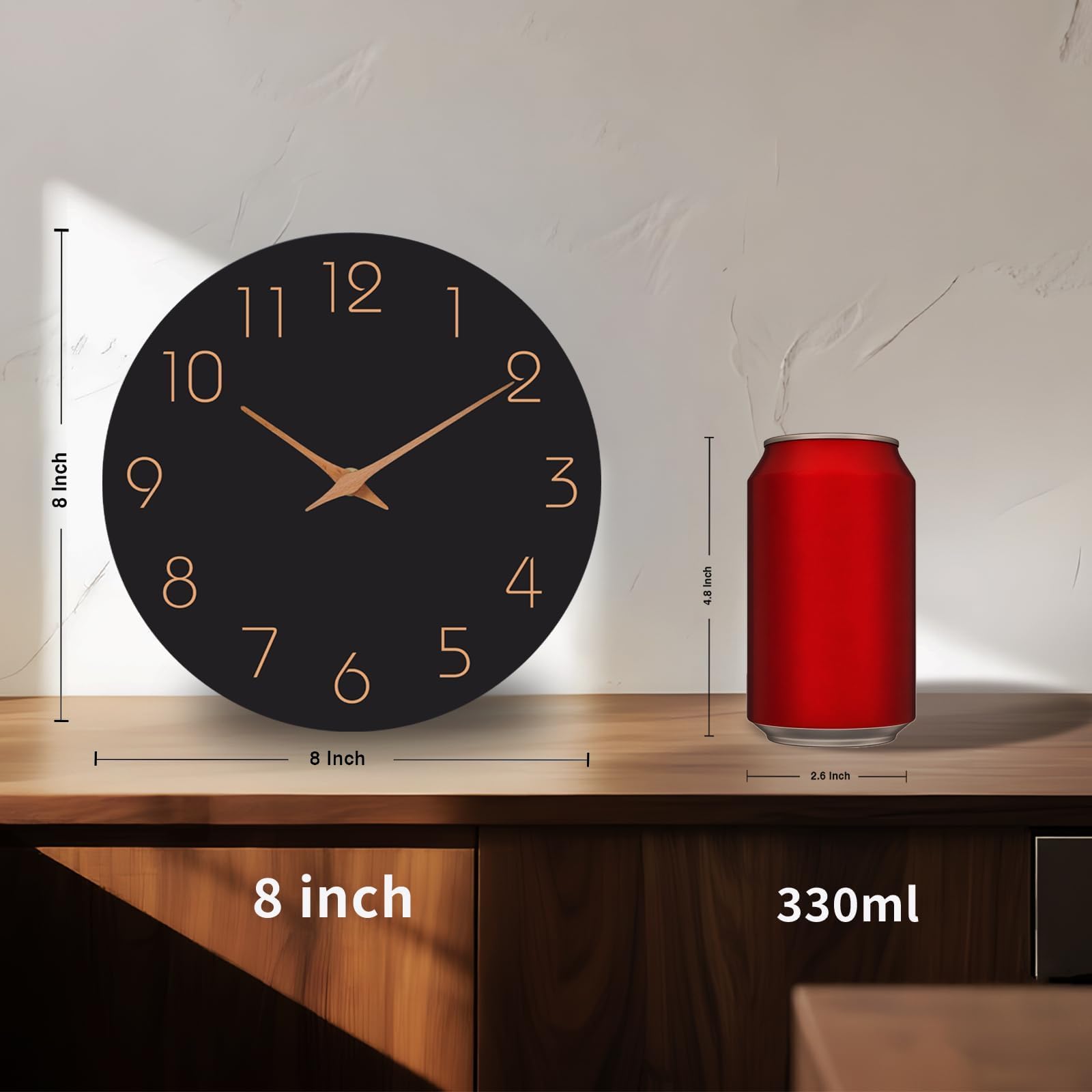 Mosewa Wall Clock 8 Inch Black Battery Operated Silent Non Ticking Simple Minimalist Rose Gold Numbers Decorative for Bedroom Living Room Kitchen Home Bathroom Office — view 7