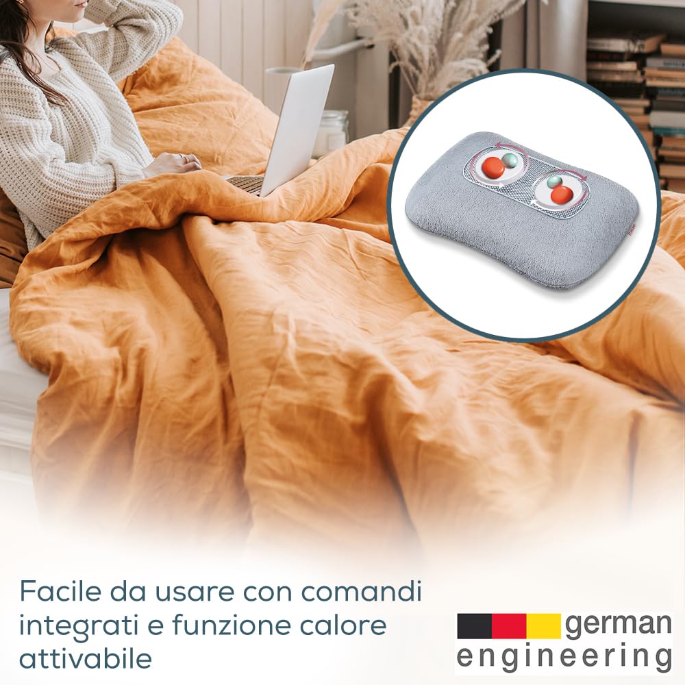 Beurer MG 145 cuscino massaggiante, massaggiatore schiena collo per massaggio shiatsu rilassante, funzione riscaldante, copertura lavabile, 4 testine massaggianti, grigio