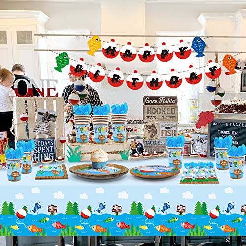Gone Fishing Party Tableware Supplies Set Serves 20 Guests-Bobber Happy Birthday Banner,Plates, Cups, Napkins,Table Cover,Cutlery Kits-Kids Little Fisherman The Big One Party Ideas Decoration #TOP4