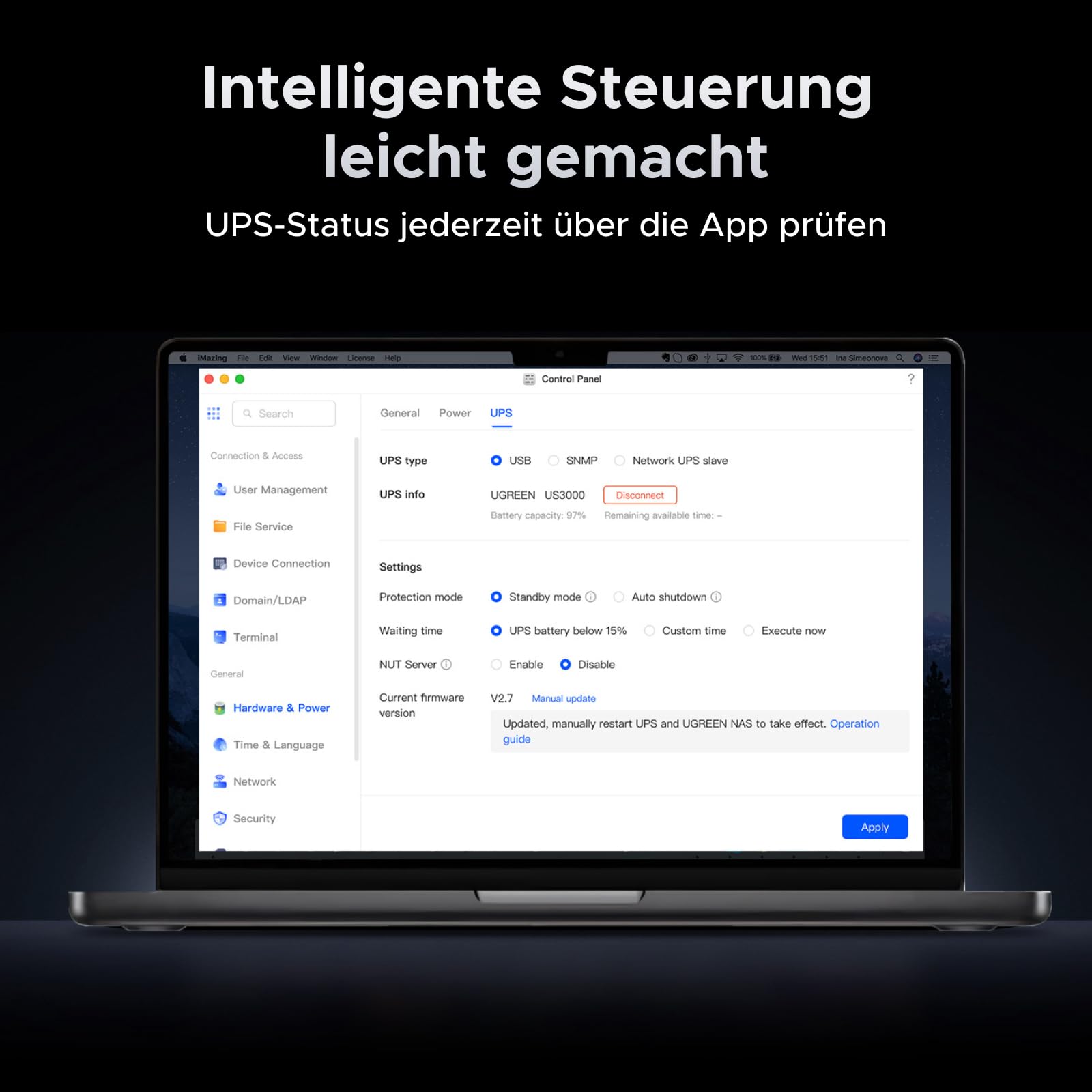 UGREEN 120W USV-Netzteil Überspannungsschutz unterbrechungsfreie Stromversorgung kompatibel UGOS Pro App-Steuerung DH2300 DH4300 Plus DXP2800 Serie DXP4800 Serie DXP480T Plus