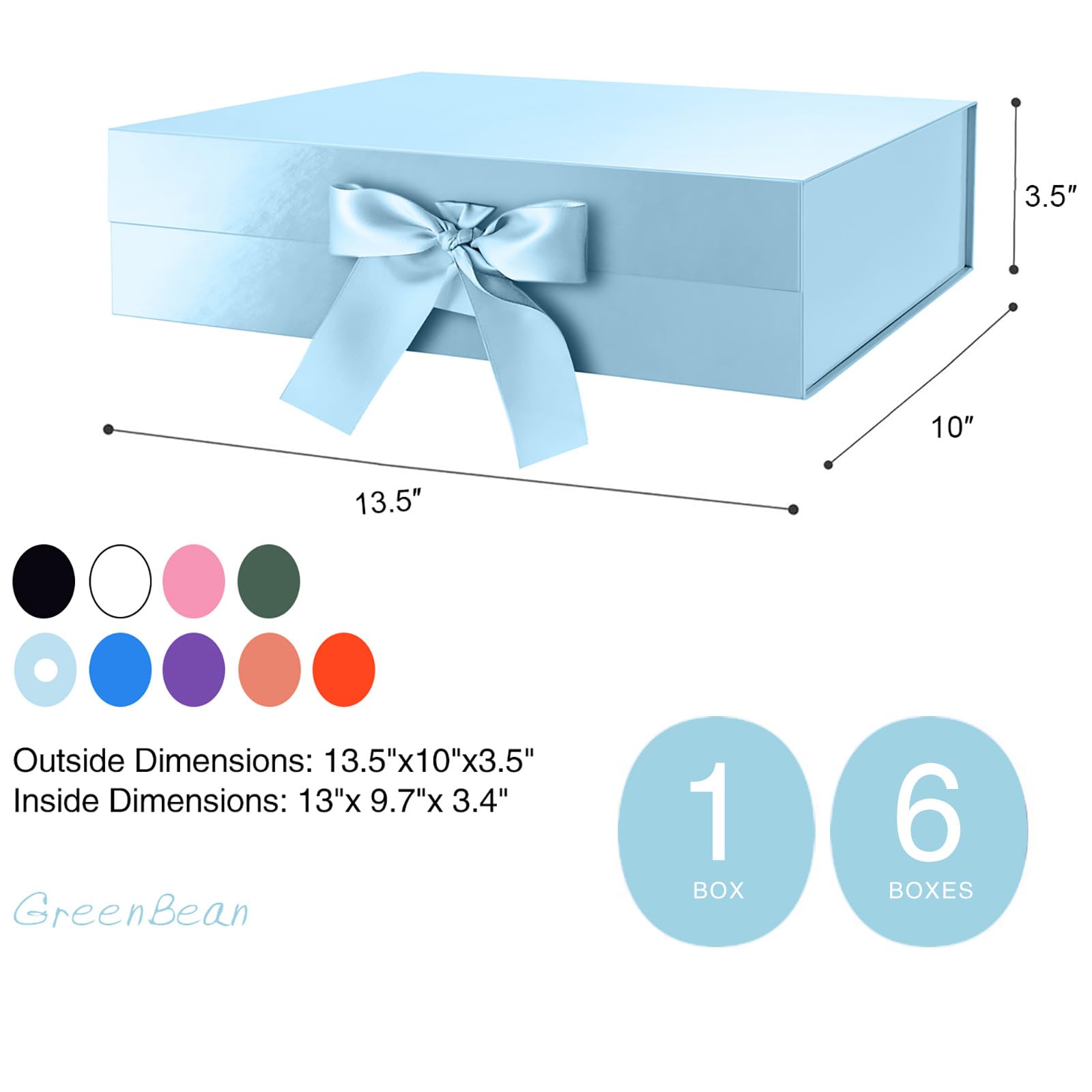GREEN BEAN Large Gift Box with Lid for Present 13x9.7x3.4 Inches, Baby Blue Magnetic Box with Ribbon, Bridesmaid Proposal, Luxury Gifts Box(Glossy Baby Blue)