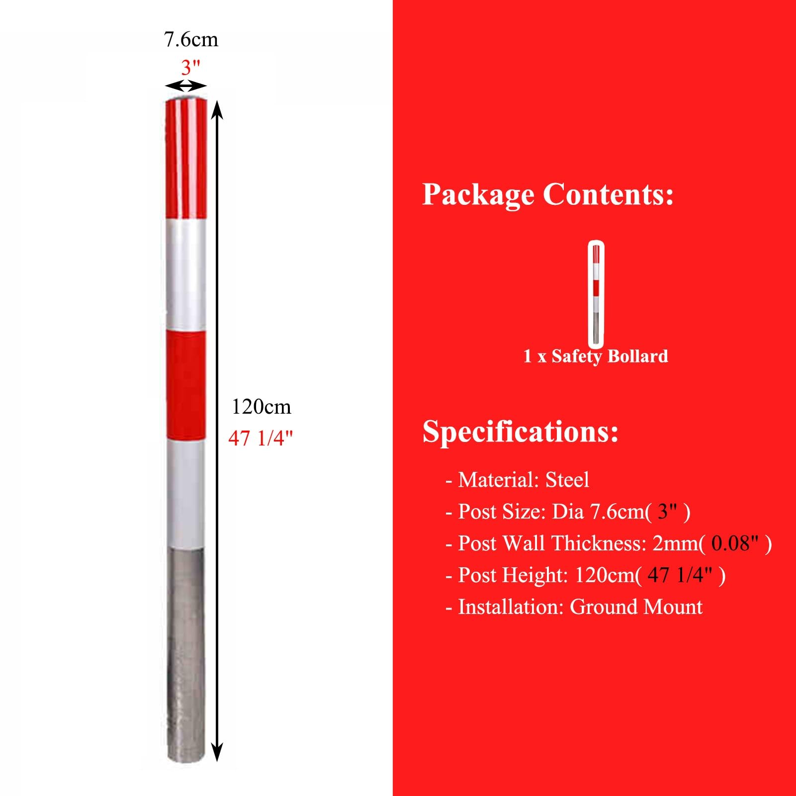 Generico Palo di Segnalazione Riflettente per la Sicurezza - Delimitatore di Traffico Bianco e Rosso, Robusto palo di Avvertimento per parcheggio per Uso Commerciale e privato, 2 Pezzi, H120xL7,6cm (