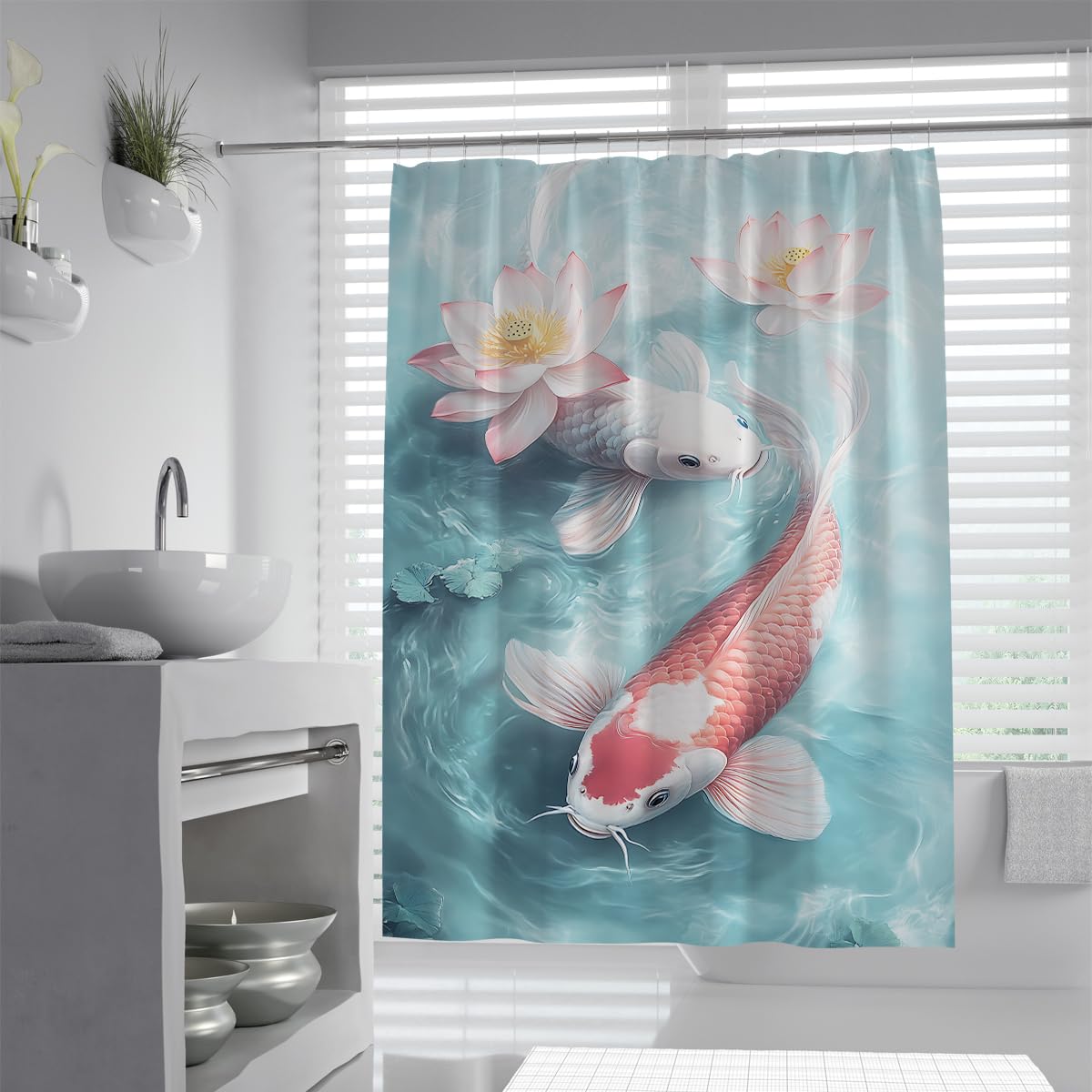 UIRINGART Asian Bath Curtains W120xL180cm Sky Blue Water Pink Lotus Blooms Swimming Red White Carp Pattern Bathtub Shower Curtain Waterproof Easy to care Anti Mould Polyester Fabric with Hooks