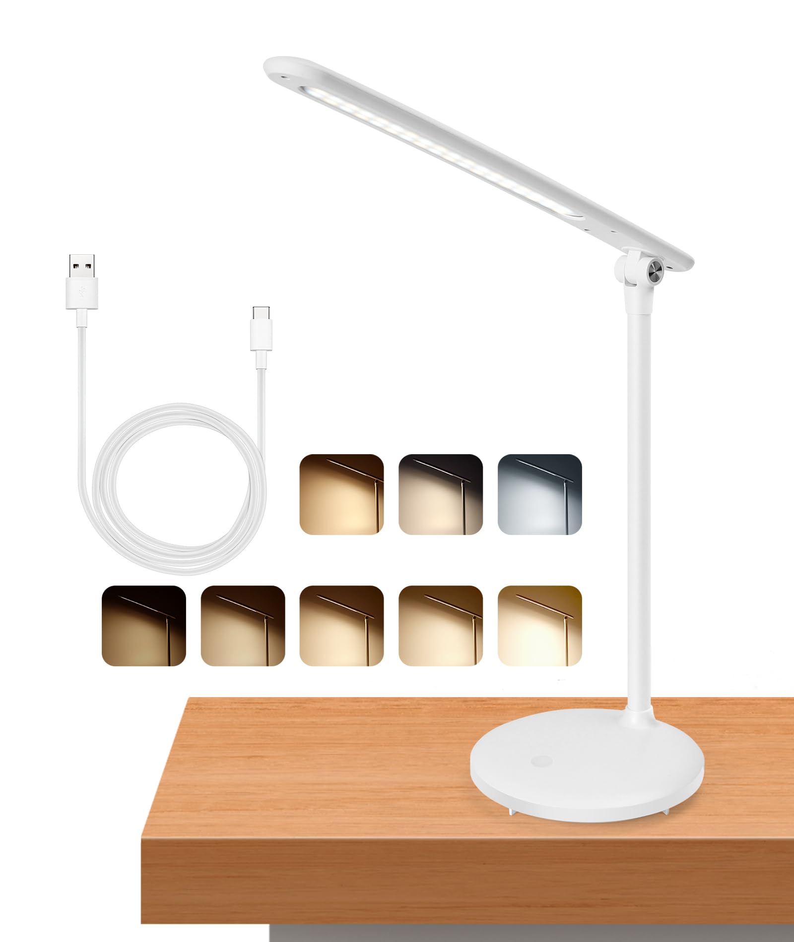 Aigostar lámpara escritorio LED, flexo de escritorio plegable con cable, batería recargable, 3 modos, 5 niveles de brillo, puerto tipo C, función de memoria, control táctil, flexible ajustable