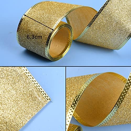 5 Yards Gold 2.5 Inch Wide Wired Edge Glitter Shiny Ribbon Roll Sparkly Fabric Gorgeous Ribbon for Arts Crafts Sewing for Christmas Tree Bows Floral Wreath Craft Gift Wrapping (Gold)