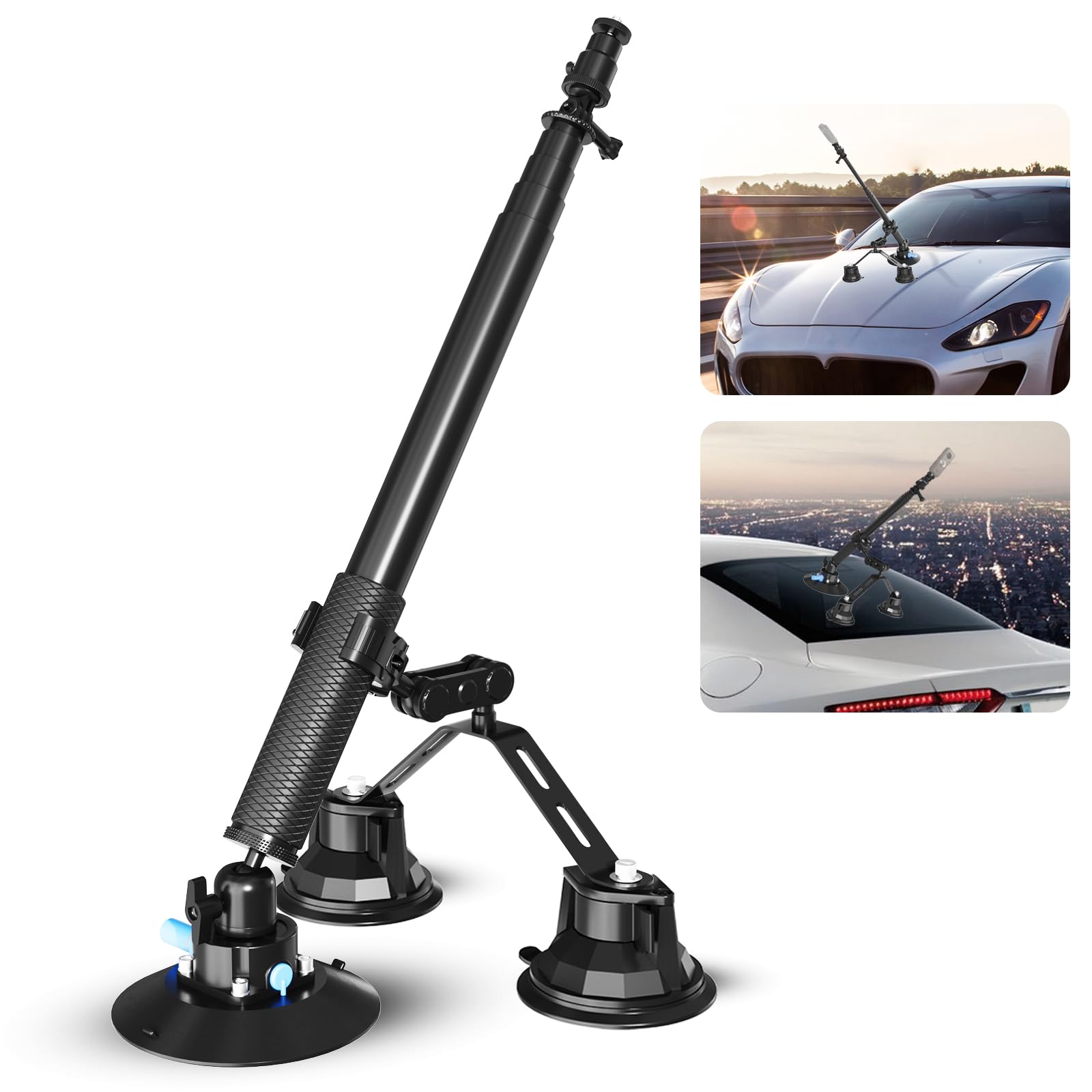 Triple Strong Suction Cup Camera Car Mount for Insta360, with 2in1 Extension Pole/Selfie Stick/Action Camera Adapter Compatible, Compatible with GoPro