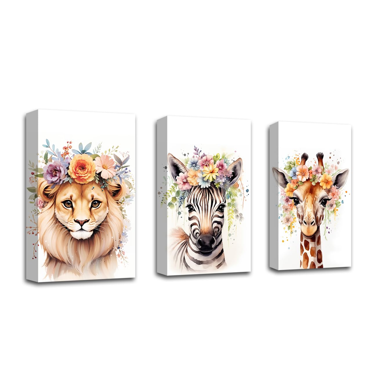 CXHOSTENT Baby Jungle Animals Nursery Wall Decor 3 Pieces Cute Lion Giraffe Zebra Picture Canvas Prints Woodland Watercolor Animal Posters Kid Room Decor (Animal-1, 60.00 x 90.00 cms x 3PCS) — image 1
