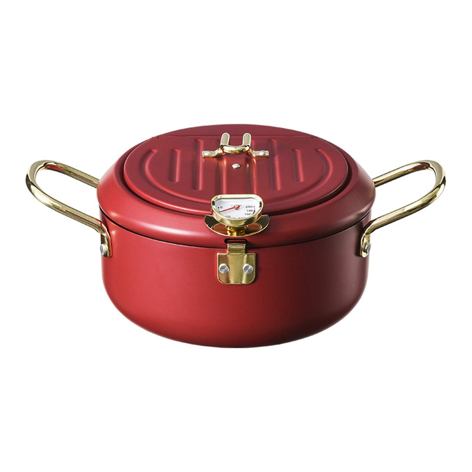 日本の天ぷら揚げ鍋温度計付き家庭用揚げ鍋、蓋と油滴水切りラック付き304ステンレス鋼鍋,赤