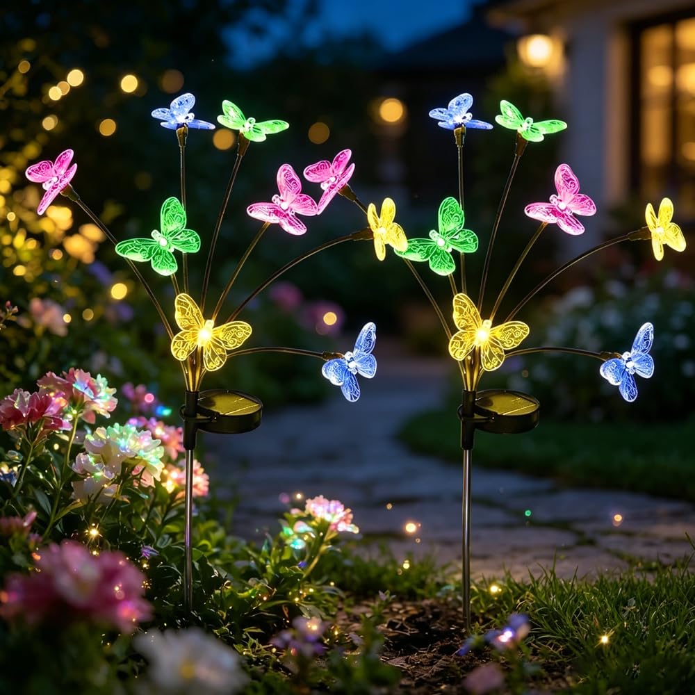 YOFHPT 2PCS Solar Stake Lights Butterfly, 8 Stem Butterfly Solar Garden Light, Butter-Fly L-ights Outdoor with IP65 Weatherproof for Yard Patio Pathway Decoration（73CM）