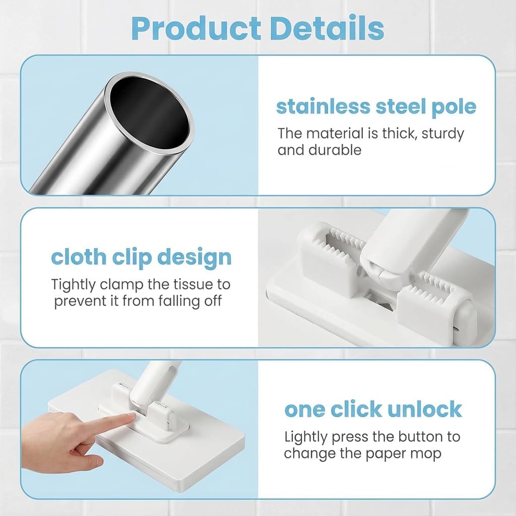 Snap Grip Mini Mop, Zero Touch Cloth Changing Mop with Automatic Push Pull Handle,360 Rotating Lazy Mops Wet Dry for Whole House Cleaning,Retractable Gap Dust Cleaner Flat Mops (White-5 Cloths)
