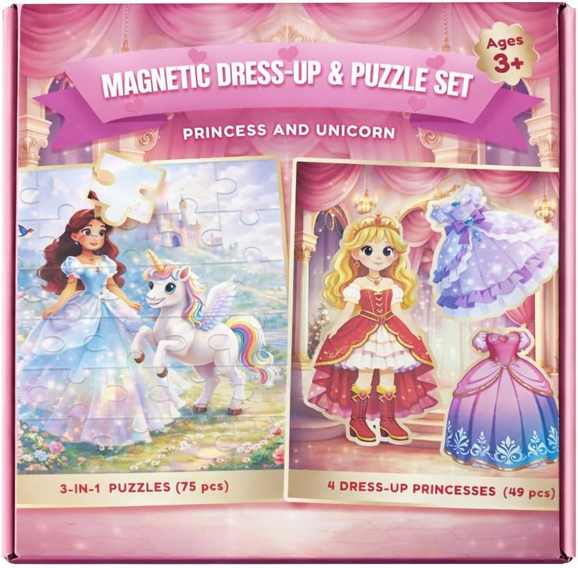 2-in-1 Magnetic Puzzle Book & Dress Up Dolls for Girls 3-9, 124PCS Princess Magnetic Puzzle Travel Toy (75 PCS Puzzle + 49 PCS Dress Up) Activities for Bithday Party Favor Airplane Car Road Trips