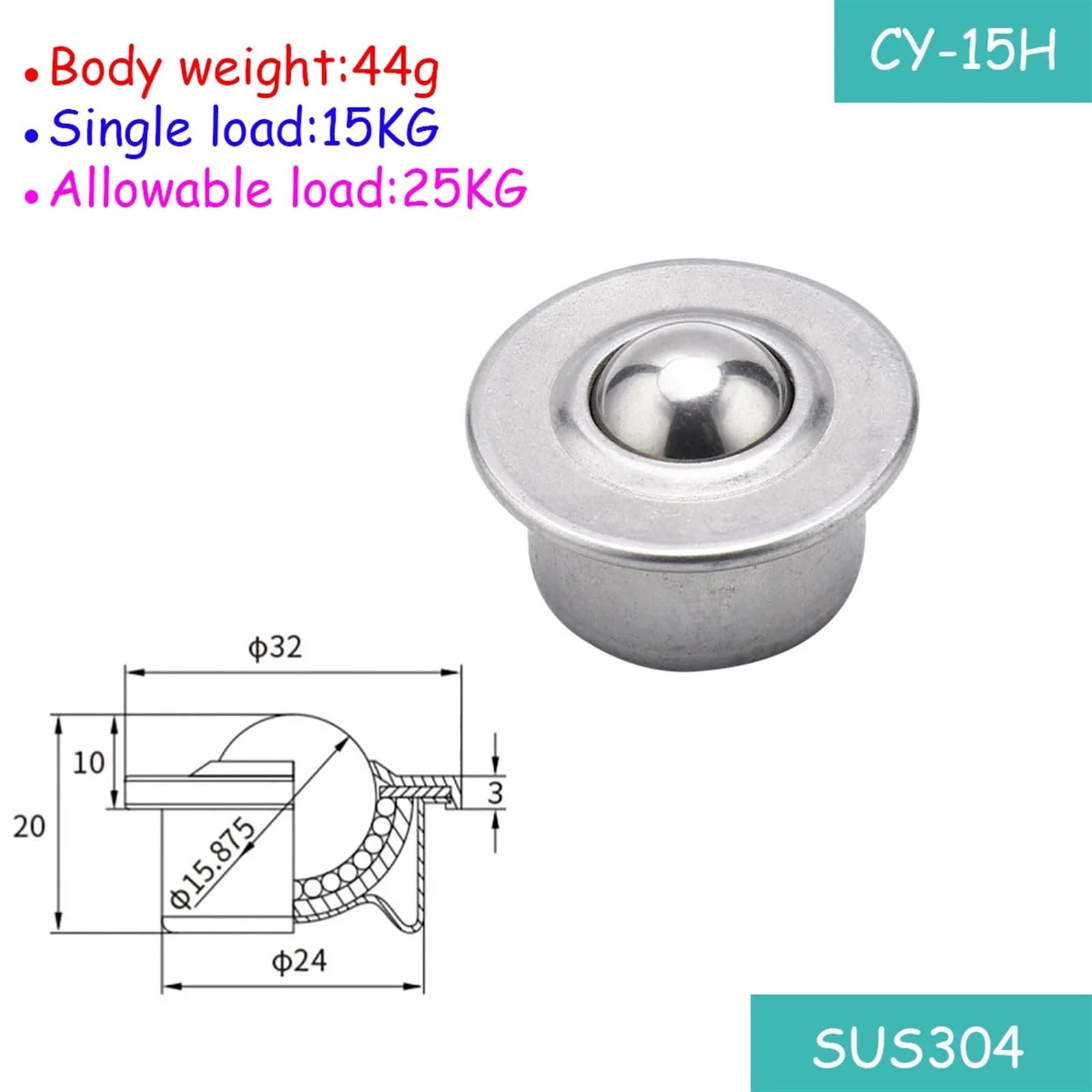 5 uds CY-8H/12H/15H/22H/30H rodamiento de bolas de transferencia ruedas Bullseye acero al carbono/Nylon/acero inoxidable SUS304(CY-15H SUS304)