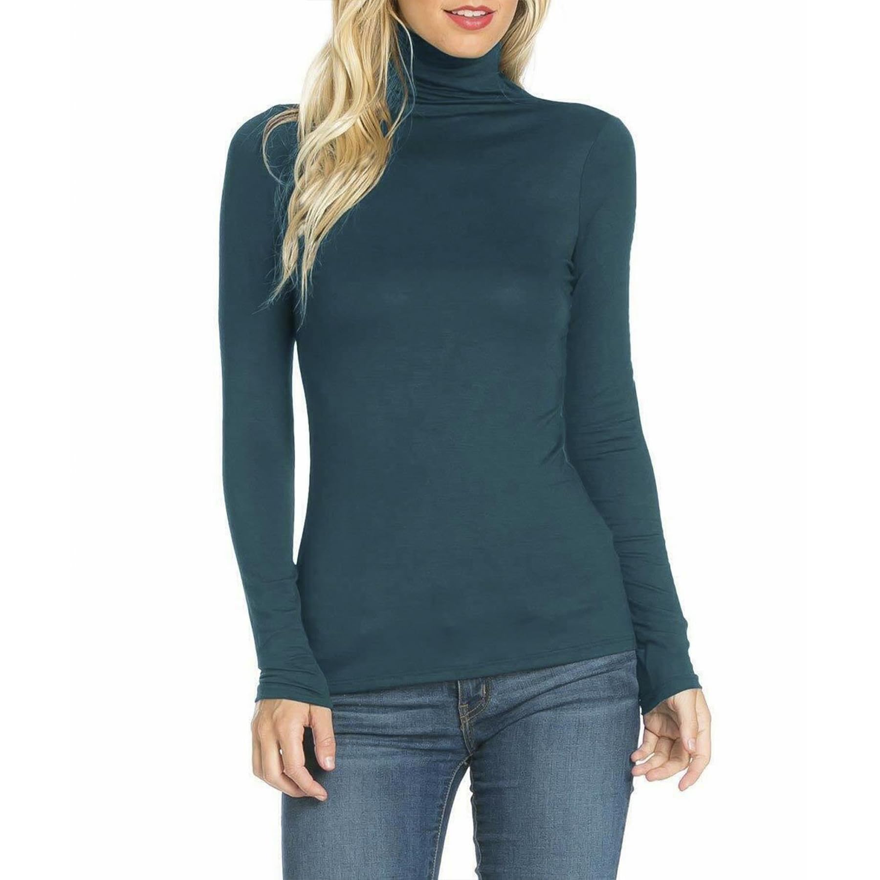 NetSetUK Womens Tops Long Sleeve Turtle Neck Plain Ribbed Jumper T-Shirt for Ladies Teal