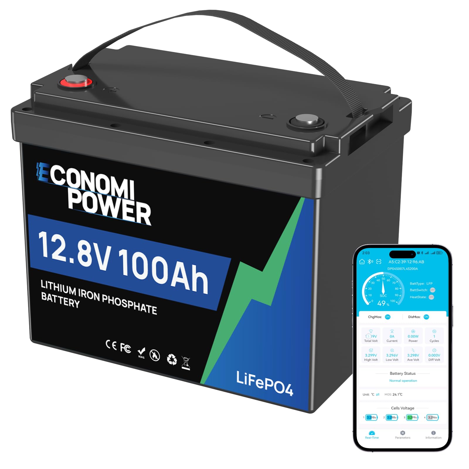 Batería de Litio Recargable (12 V, 100 A, 100 A, BMS, 4000 – 15000, Deep Cycle Lithium Battery, 1280 Wh) para Placas Solares, Camping Car, Motores de Curricán