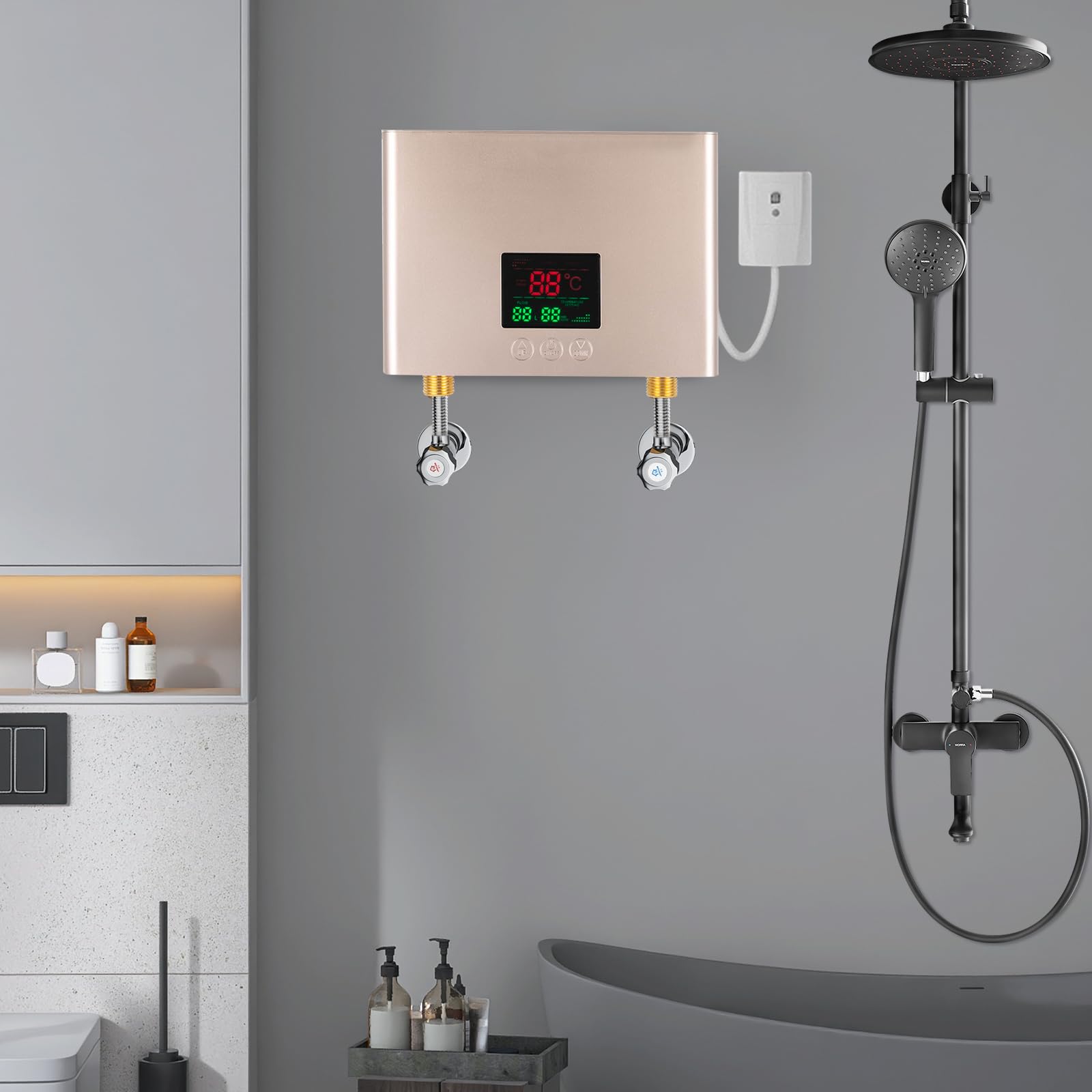 Podgrzewacz przepływowy 3000 W z wyświetlaczem LED 86-131°F, ścienny podgrzewacz przepływowy 3 sekundy, pilot zdalnego sterowania i funkcja pamięci, montaż 360°, do łazienki, przyczepy kempingowej