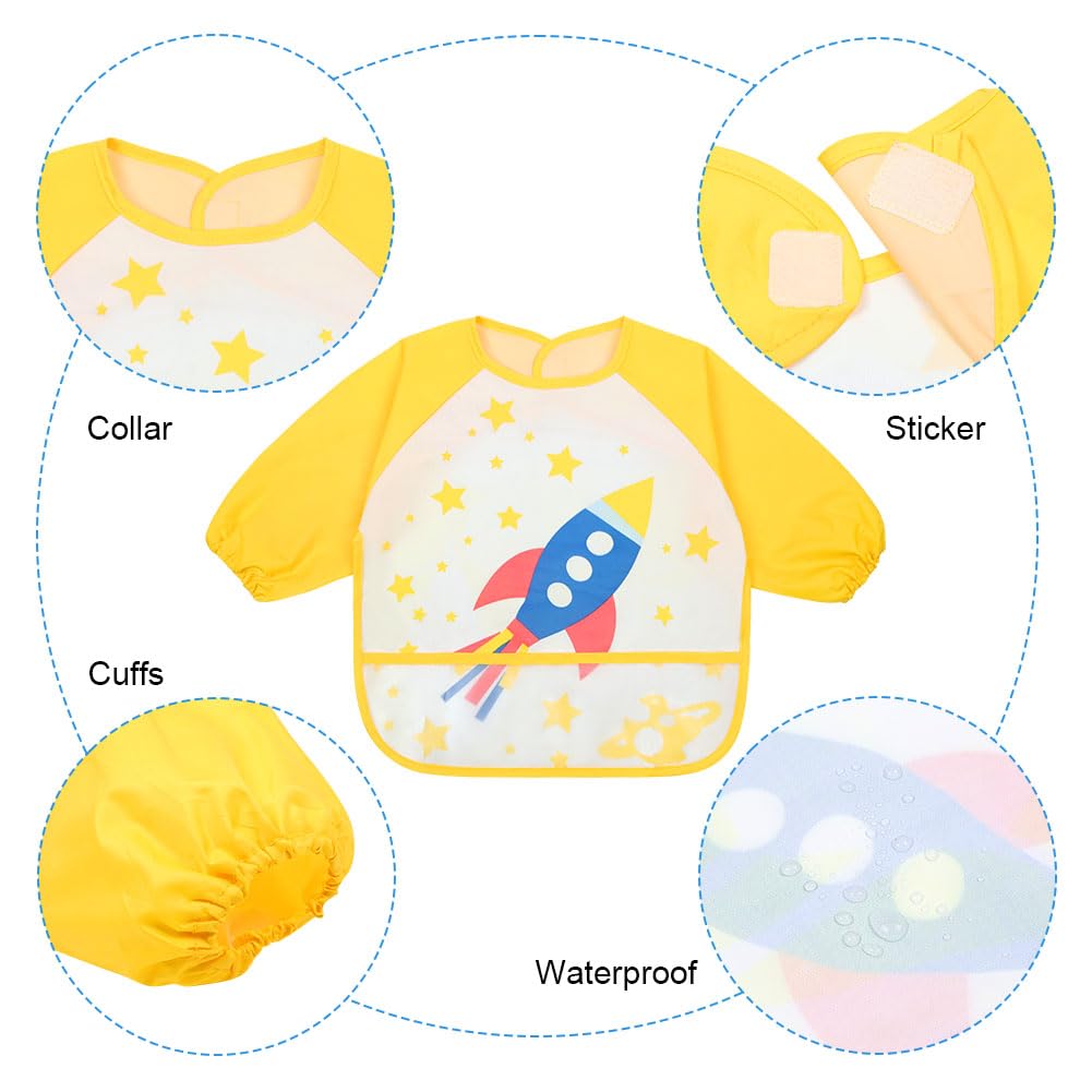 Vicloon Set di 3 Bavaglini Impermeabili con Maniche Lunghe e Tasca, Grembiule per Pappa Svezzamento, Dipingere, Giocare e Mangiare, Bambini Piccoli da 1-3 anni