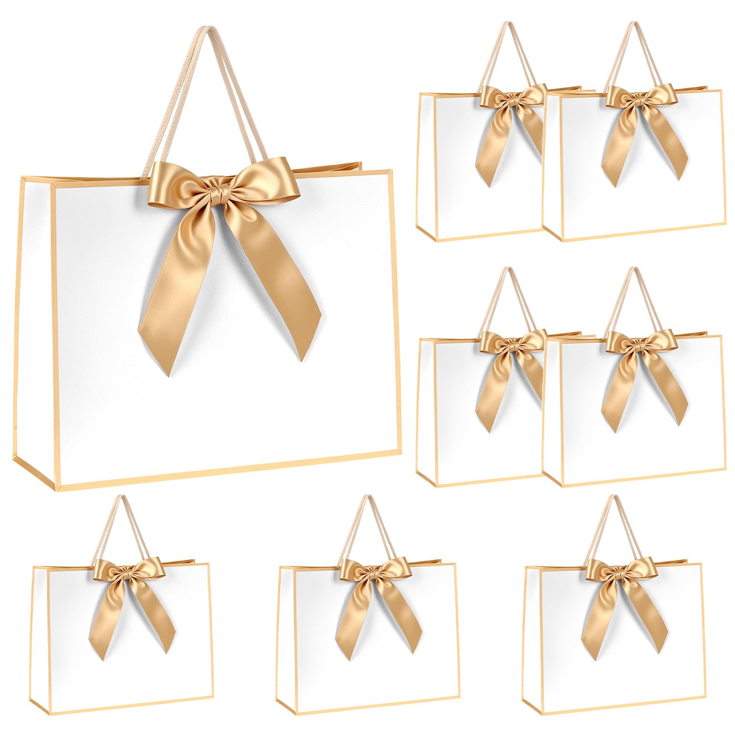 QWORK® 8 Pack Luxury Gift Bags 32x11x25cm with Gold Bow & Foil Trim – Elegant Sturdy Paper Present Bags for Weddings, Bridesmaid Proposals & Birthdays
